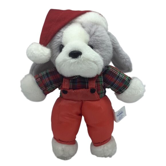 Vtg Holiday Cloud 9 Dan Brechner Plush Dog Plush Stuffed Animal Plaid Overalls - Picture 1 of 6